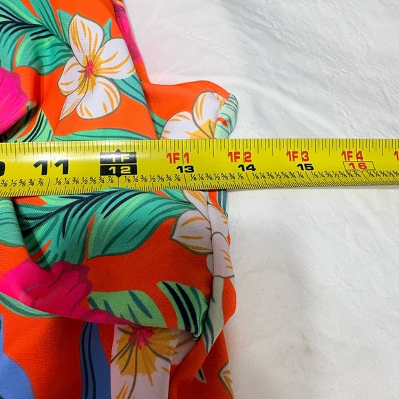 bright orange floral print halter tankini swim top with adjustable side ruching. - Picture 9 of 9
